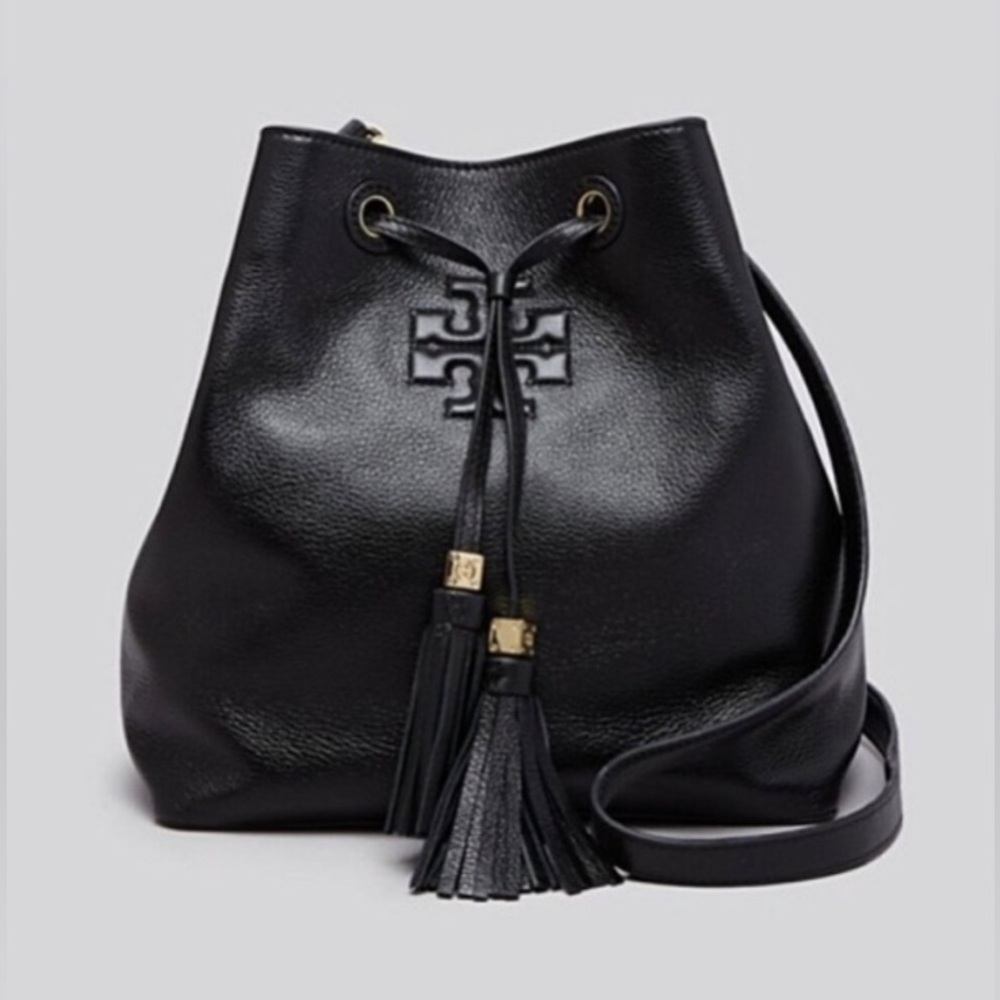 Tory Burch Black Leather Shoulder Bag with Tassel Details